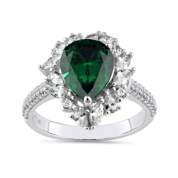 New Sterling Silver Extravagant Pear Cut Emerald Halo Ring New - Picture 2 of 4